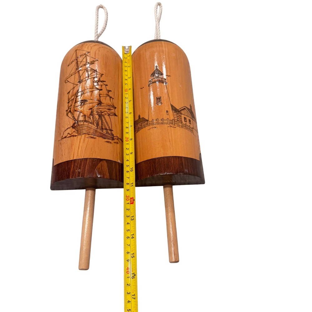 Vintage Hand Made Nautical Wood Buoy Decor Set Lighthouse Sailboat Maritime Art - Picture 6 of 10